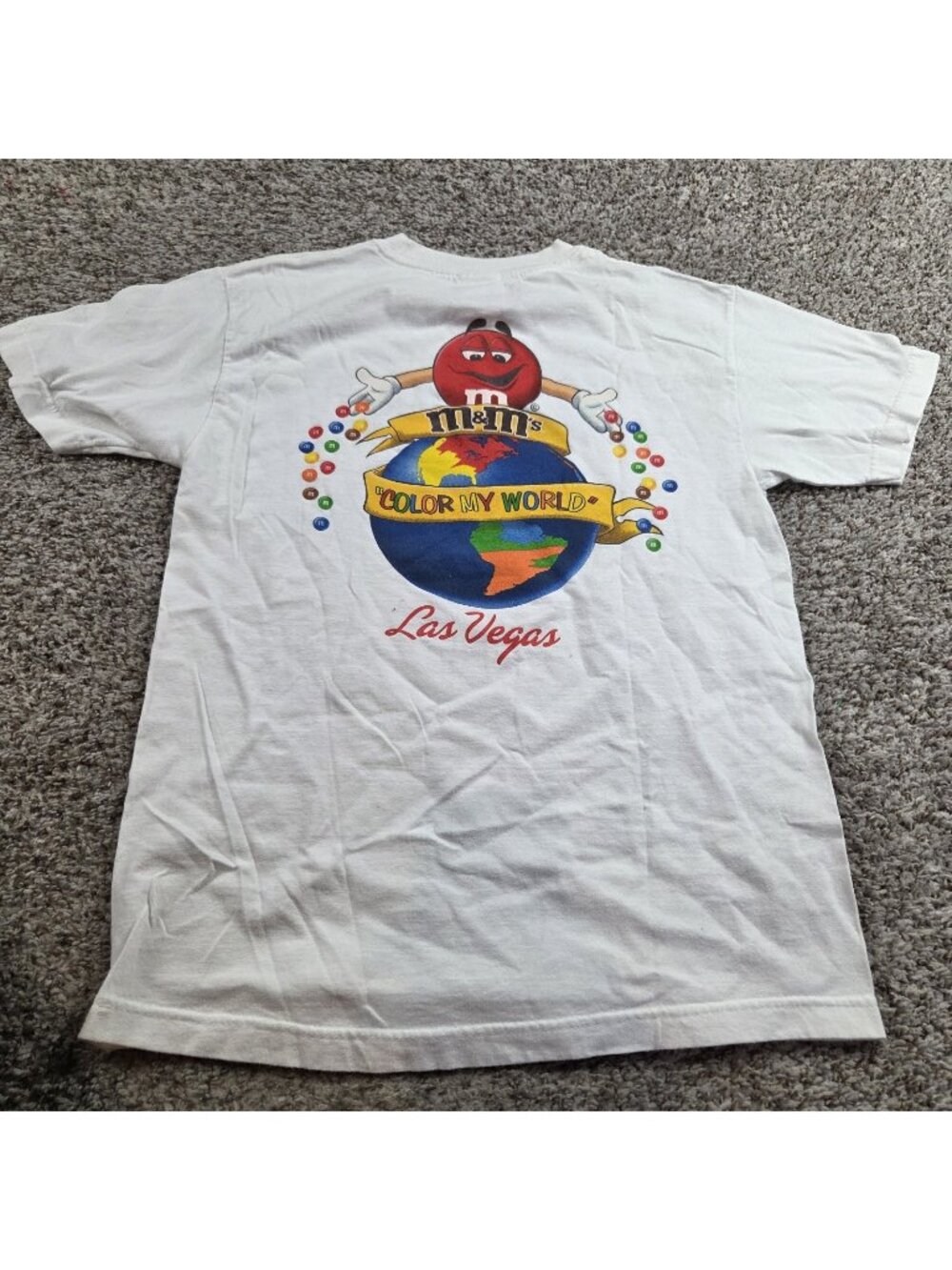 Vintage M&M'S WORLD T-Shirt Mens Medium White Short Sleeve Las Vegas Graphic